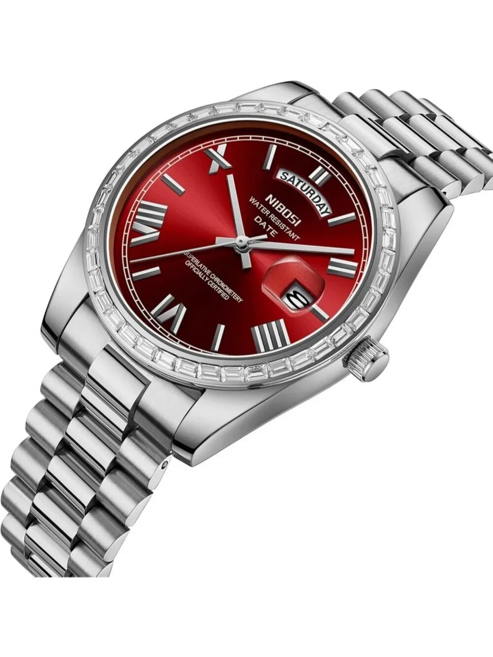 Nibosi Men's Silver Red Analog Quartz Diamond Bezel Stainless Waterproof Watch